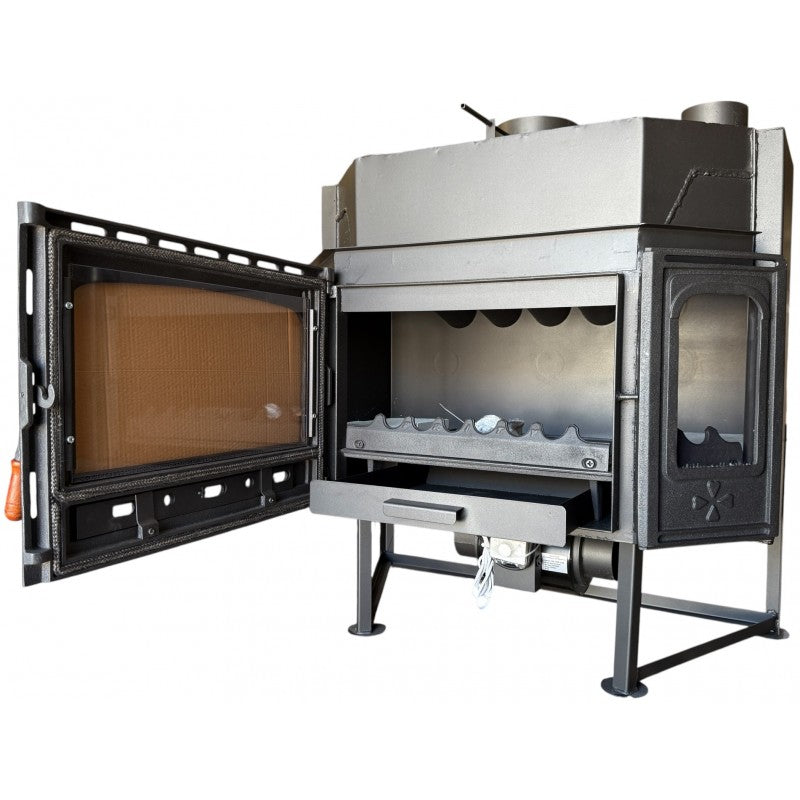 Prity TCF fireplace insert with door open showing firebox and fan unit