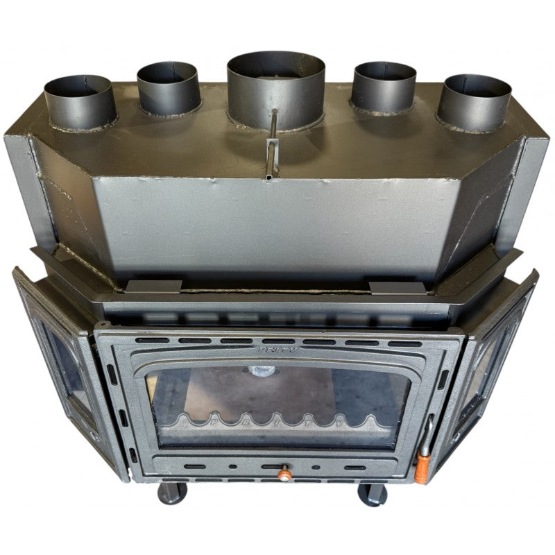 Prity TCF fireplace insert top view showing four air ducts and flue outlet
