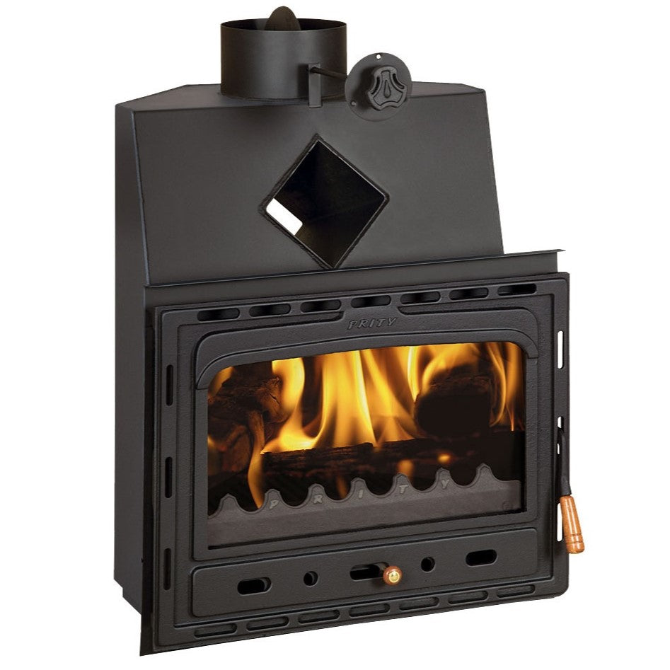 Prity AC corner fireplace insert with cast iron door, 14 kW