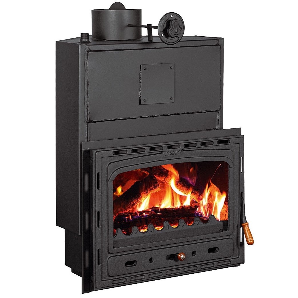 Prity AC W20 corner fireplace insert with cast iron door and water boiler, 5 kW + 20 kW