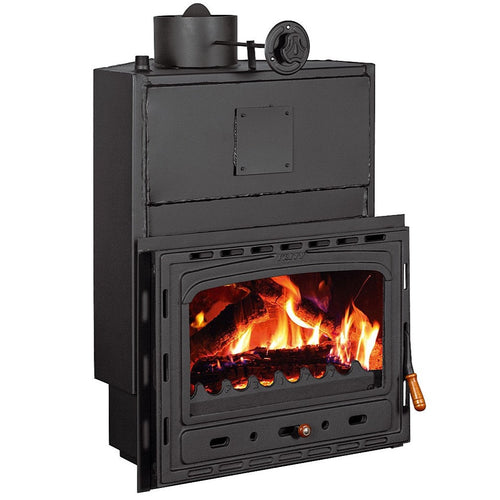 Prity AC W20 corner fireplace insert with cast iron door and water boiler, 5 kW + 20 kW