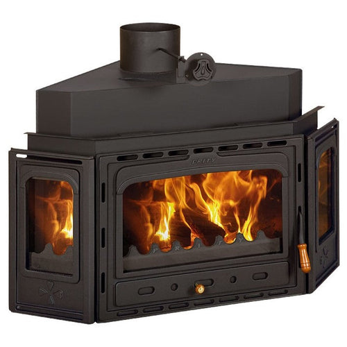 Prity ATC corner fireplace insert with cast iron door and window frames, 14.2 kW