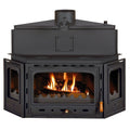 Prity ATC W20 corner fireplace insert with cast iron door, window frames and water boiler, 5 kW + 21.1 kW