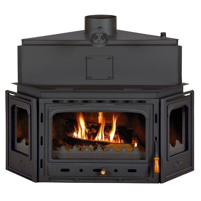 Prity ATC W20 corner fireplace insert with cast iron door, window frames and water boiler, 5 kW + 21.1 kW